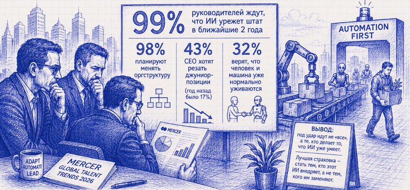 99% руководителей ждут, что ИИ урежет штат в ближайшие 2 года.